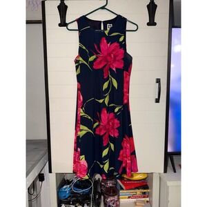 Anne Klein Women's Size 10 Navy Pink Floral Sleeveless Fit Flare Dress
